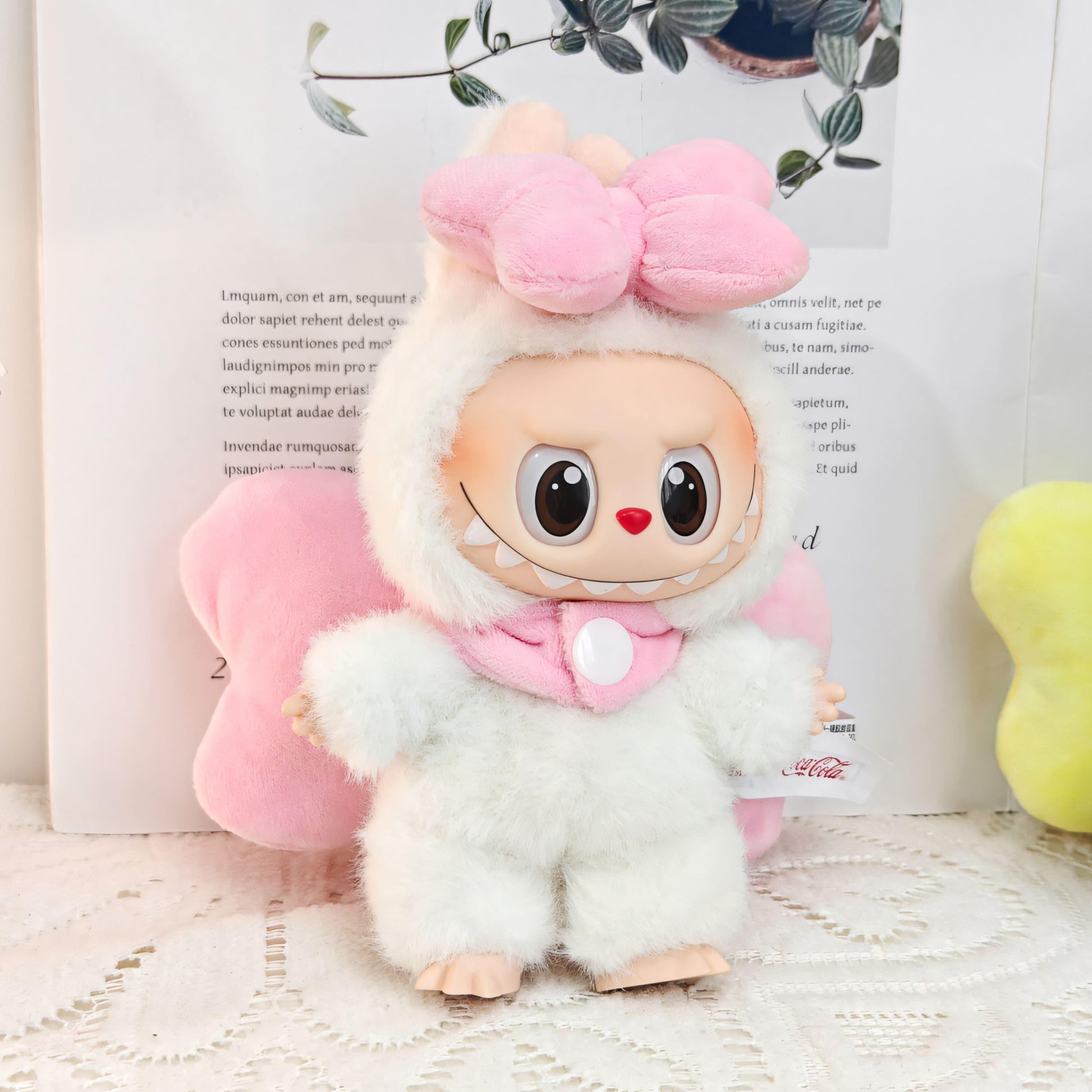 Labubu Doll Clothes Fluffy Party Romper with Big Bow Wings and Pink Hood Labubu Accessory Doll Not Included