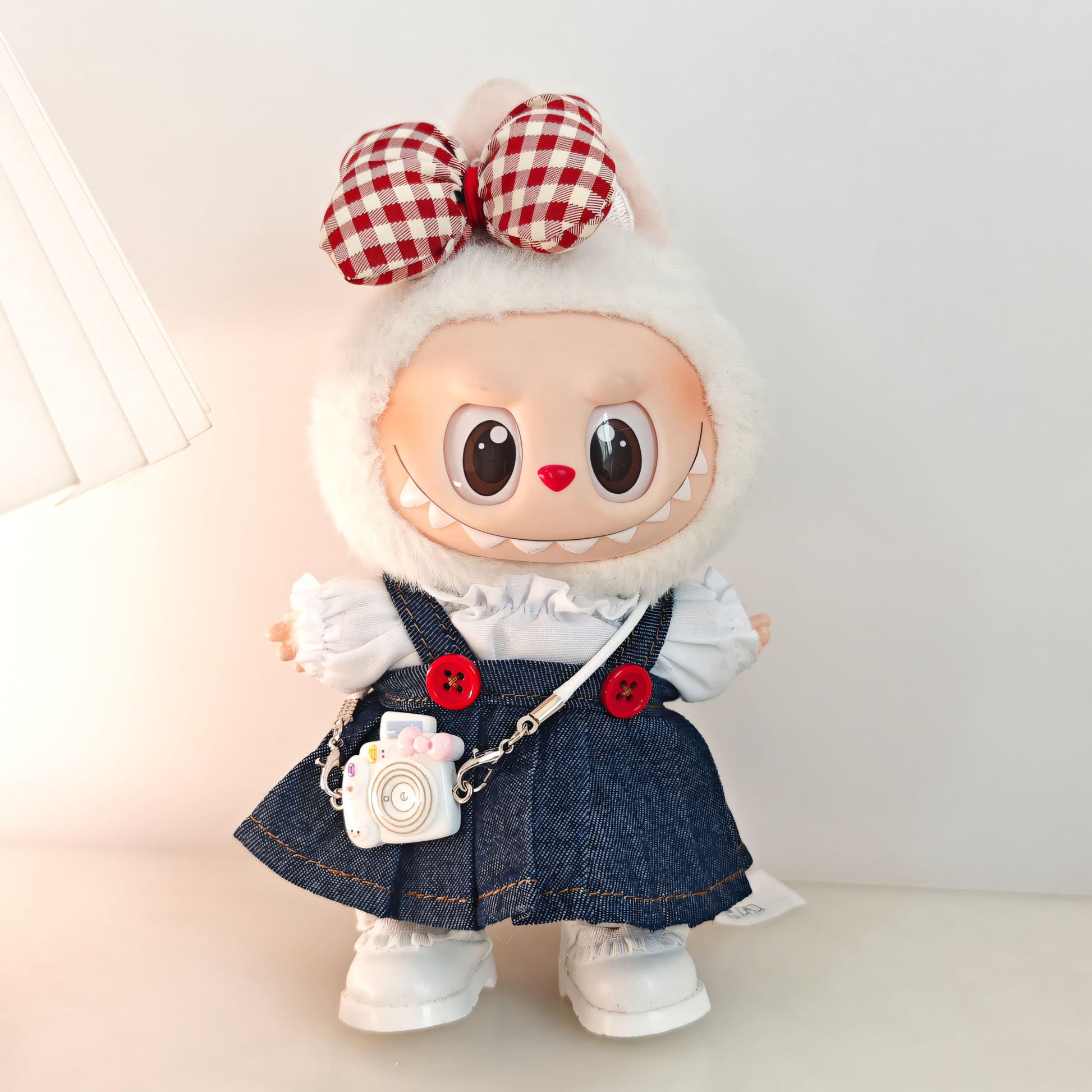 Labubu Doll Clothes Denim Skirt Outfit with Oversized Bow and Mini Camera Charm Labubu Accessory Doll Not Included