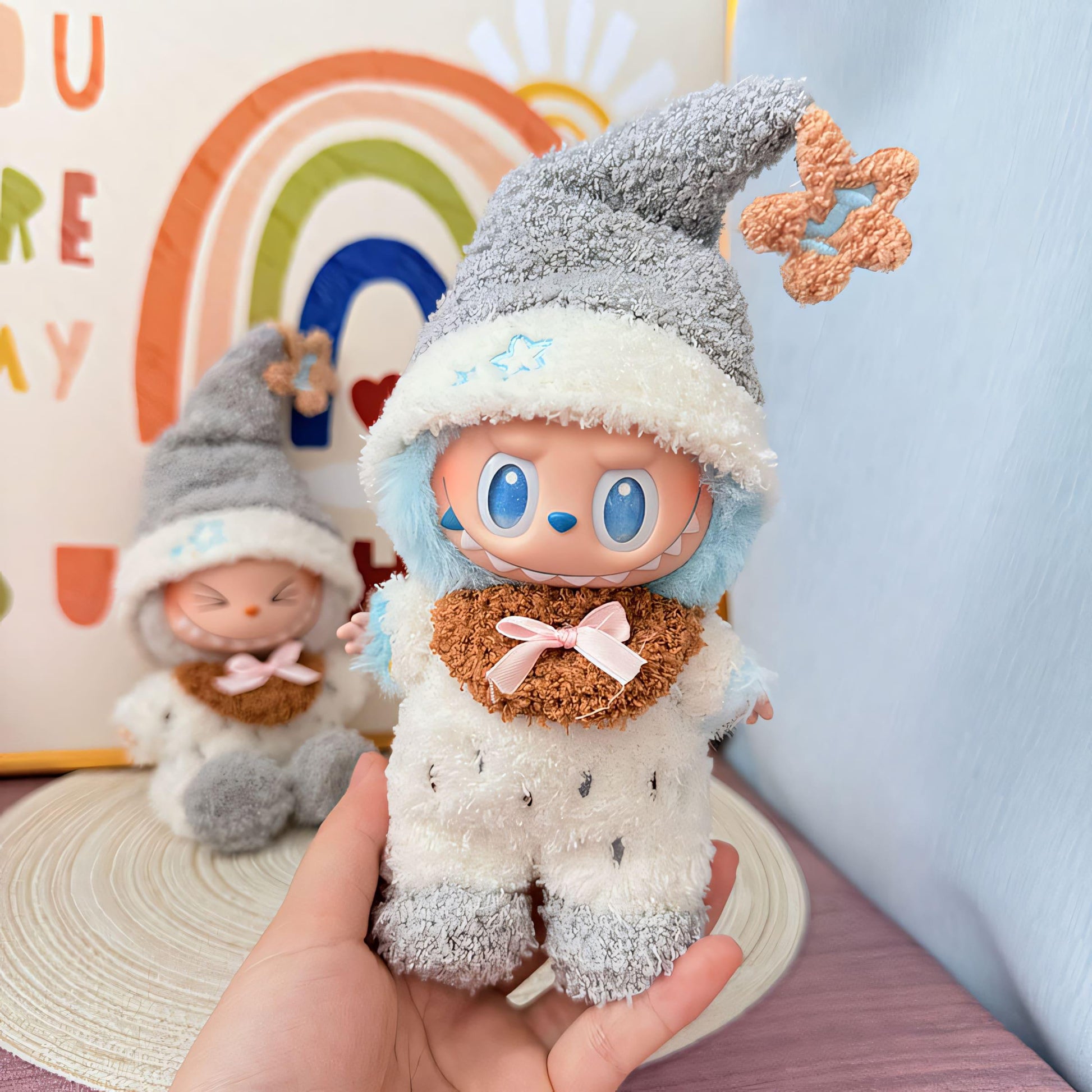 Labubu Doll Clothes Cozy Pajama Set with Star Hat and Fuzzy Jumpsuit Dreamy Winter Loungewear Style Labubu Accessory Doll Not Included