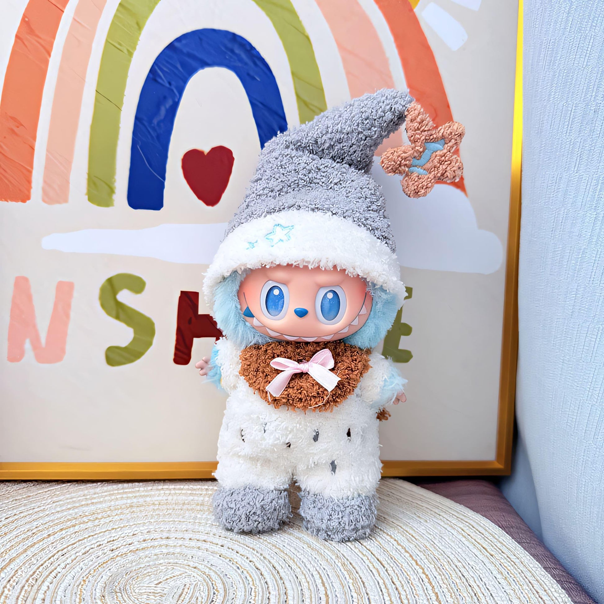 Labubu Doll Clothes Cozy Pajama Set with Star Hat and Fuzzy Jumpsuit Dreamy Winter Loungewear Style Labubu Accessory Doll Not Included