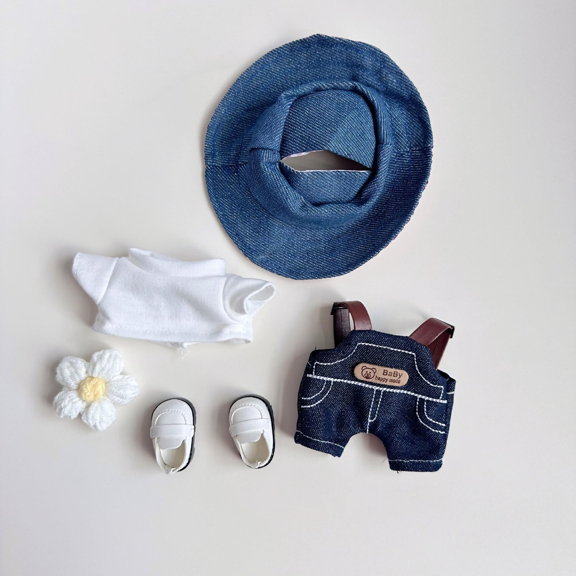 Labubu Doll Clothes Spring Denim Overall Set with Sun Hat and Flower Patch Labubu Outfit Doll Not Included