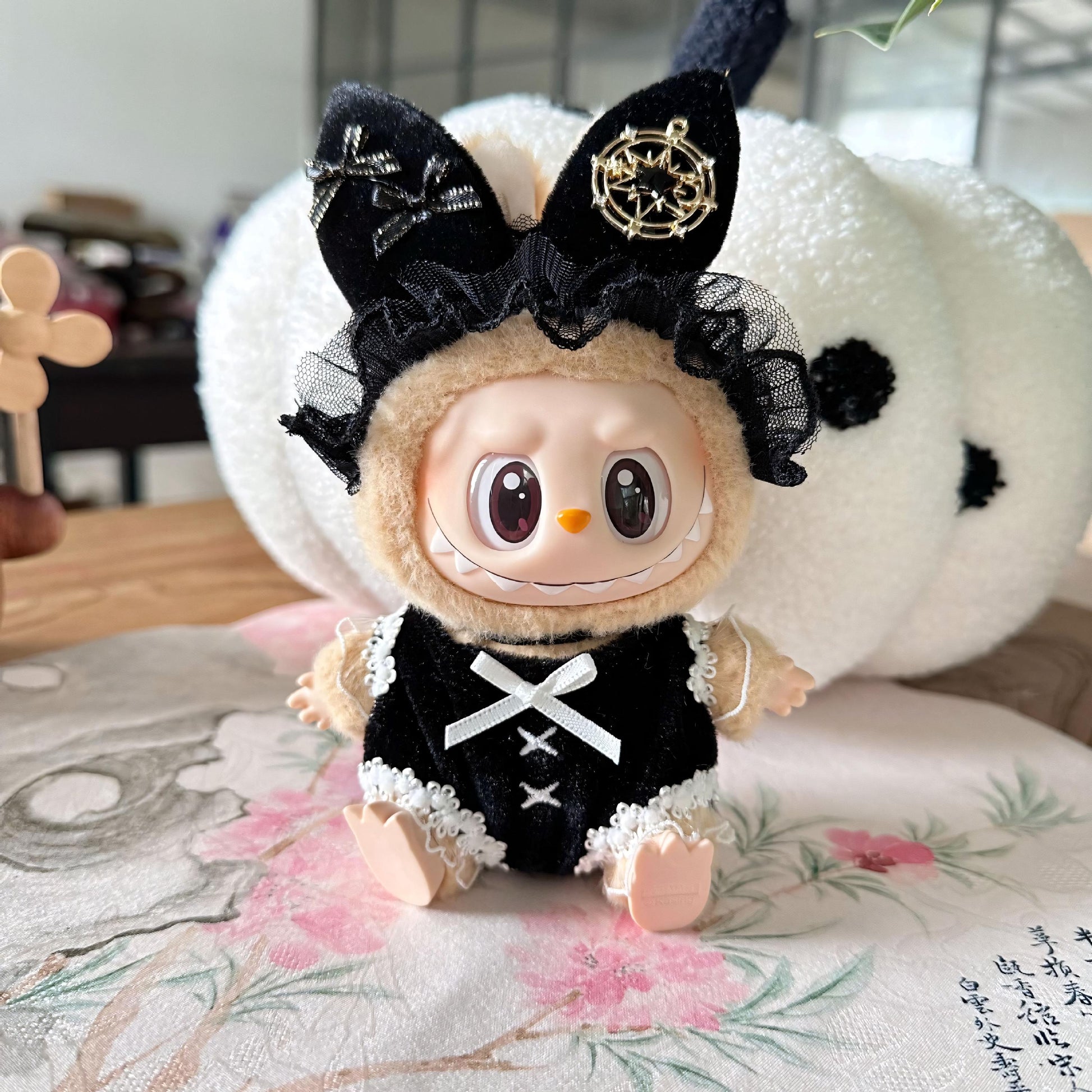 Labubu Doll Clothes Black Bunny Girl Outfit with Lace and Bow Headpiece Labubu Accessory Handmade Doll Costume Doll Not Included