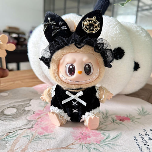 Labubu Doll Clothes Black Bunny Girl Outfit with Lace and Bow Headpiece Labubu Accessory Handmade Doll Costume Doll Not Included