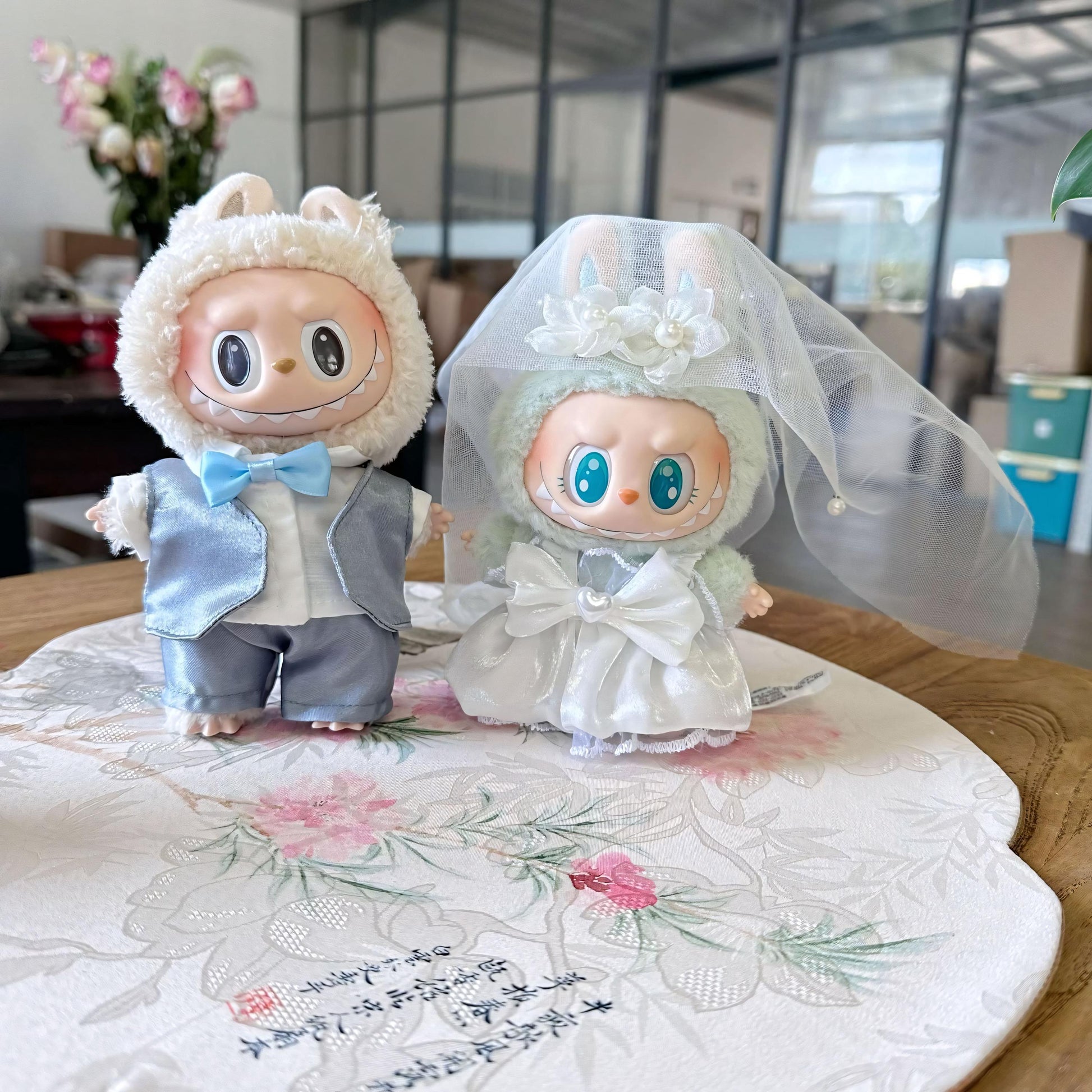 Labubu Doll Clothes Wedding Set with Tuxedo and Pink Bow Dress Bride and Groom Labubu Outfit Doll Not Included
