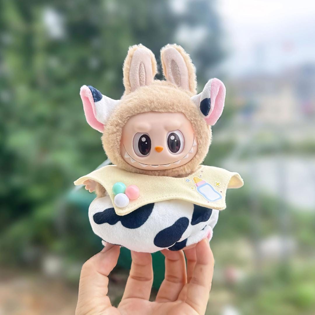 Labubu Doll Clothes Cow Costume Set with Ears and Bib Plush Milk Cow Outfit Labubu Accessory Doll Not Included