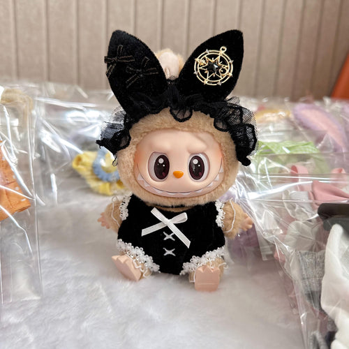 Labubu Doll Clothes Black Bunny Girl Outfit with Lace and Bow Headpiece Labubu Accessory Handmade Doll Costume Doll Not Included